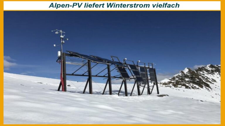 Photovoltaikanlage im Schnee in den Alpen, die im Winter bis zu viermal mehr Strom liefert.
