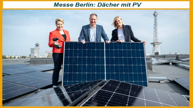 Senatorin Giffey mit Dr. Mario Tobias und Dr.-Ing. Kerstin Busch auf dem Hallendach: Start des größten Solarprojekts in Berlin.