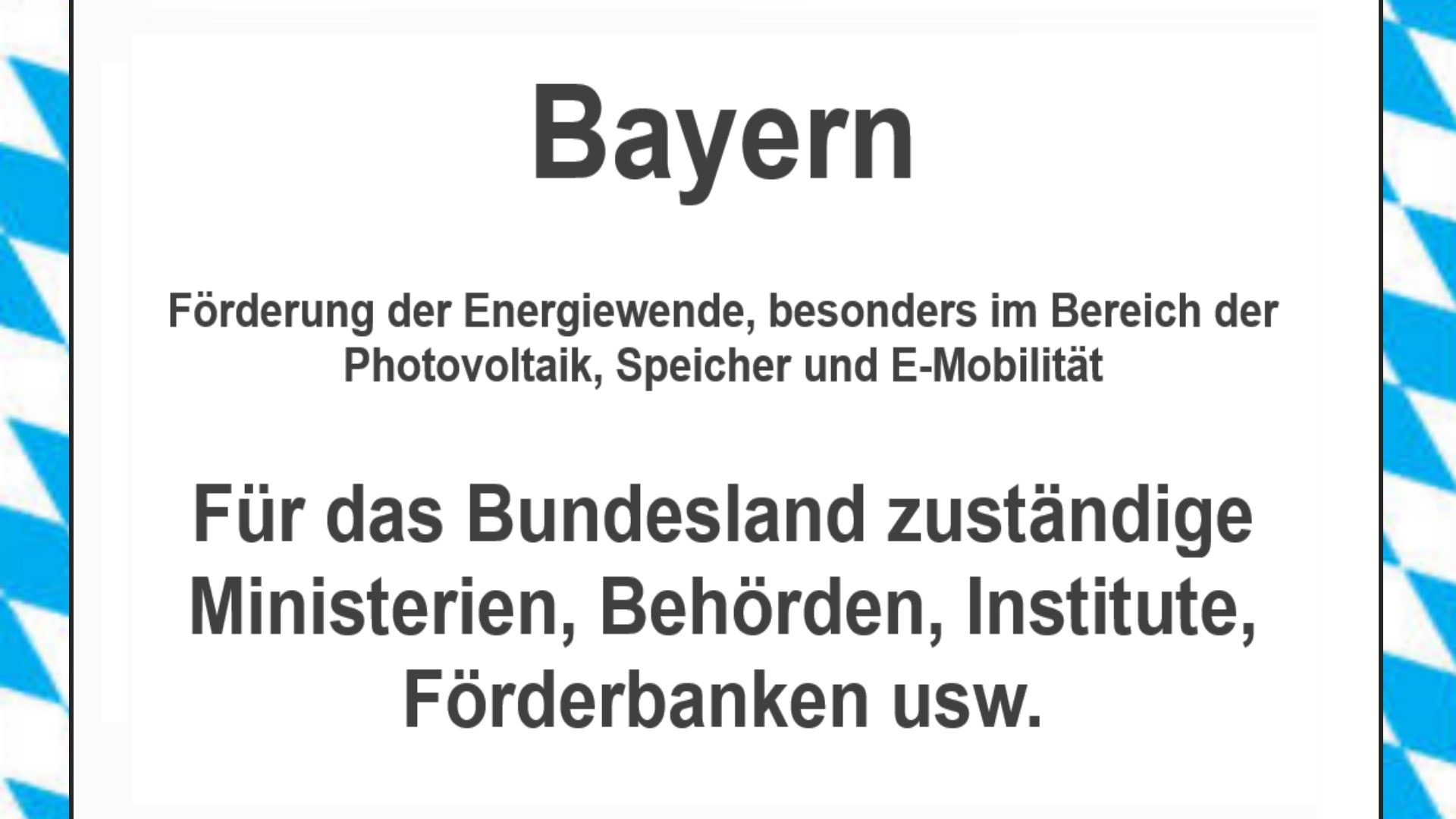 Text auf einem Bild: Bayern, Förderungen zur Energiewende, besonders für Photovoltaikanlagen, Speicher und E-Mobilität.