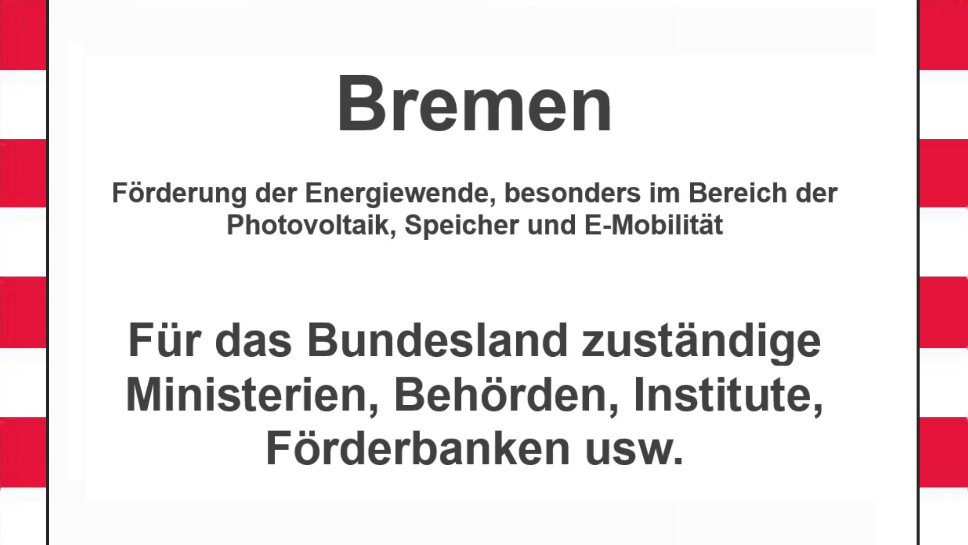 Text auf einem Bild: Bremen, Förderungen zur Energiewende, besonders für Photovoltaikanlagen, Speicher und E-Mobilität.