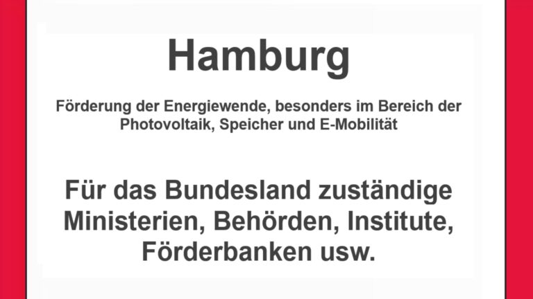 Text auf einem Bild: Hamburg, Förderungen zur Energiewende, besonders für Photovoltaikanlagen, Speicher und E-Mobilität.