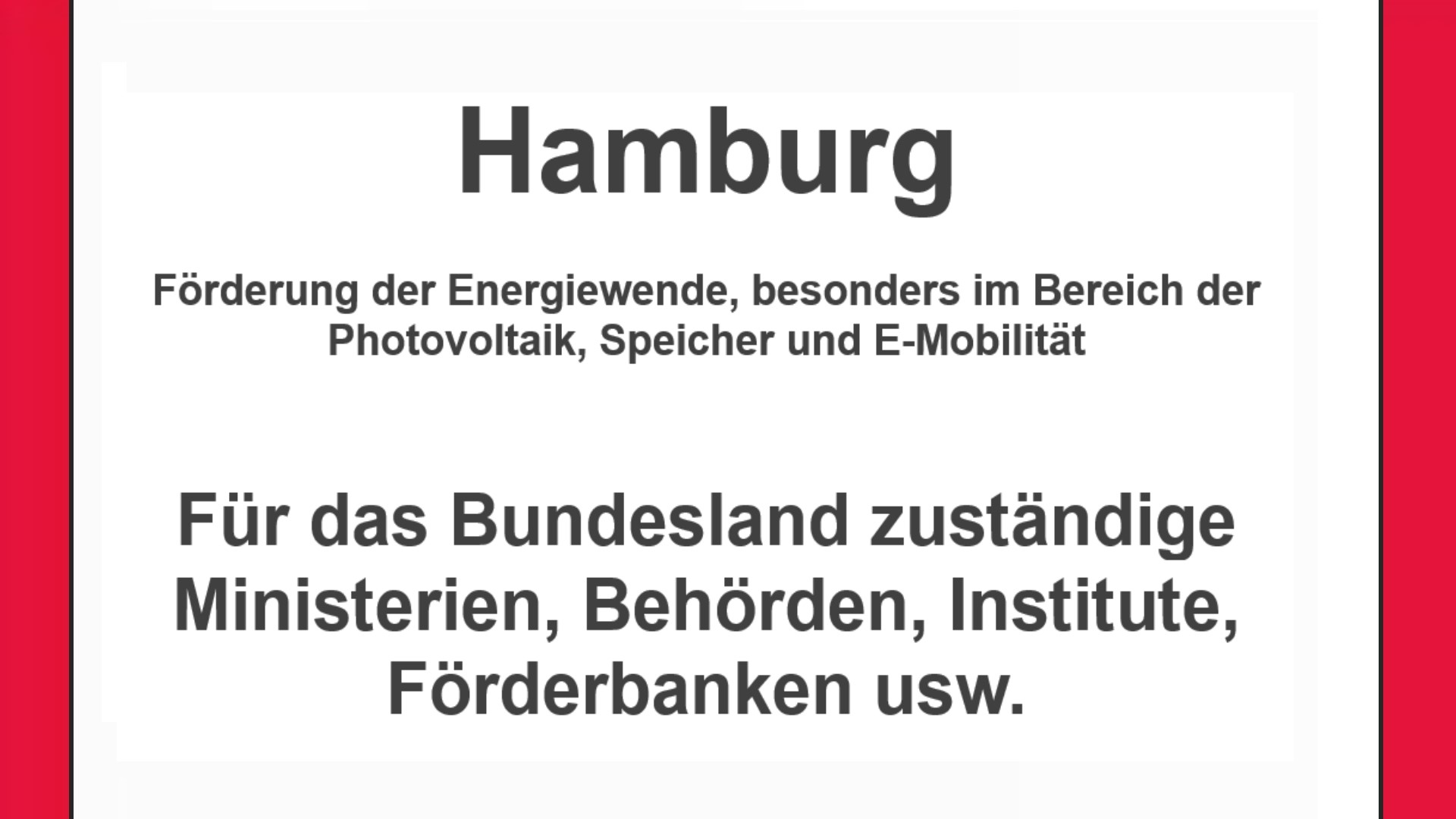 Text auf einem Bild: Hamburg, Förderungen zur Energiewende, besonders für Photovoltaikanlagen, Speicher und E-Mobilität.