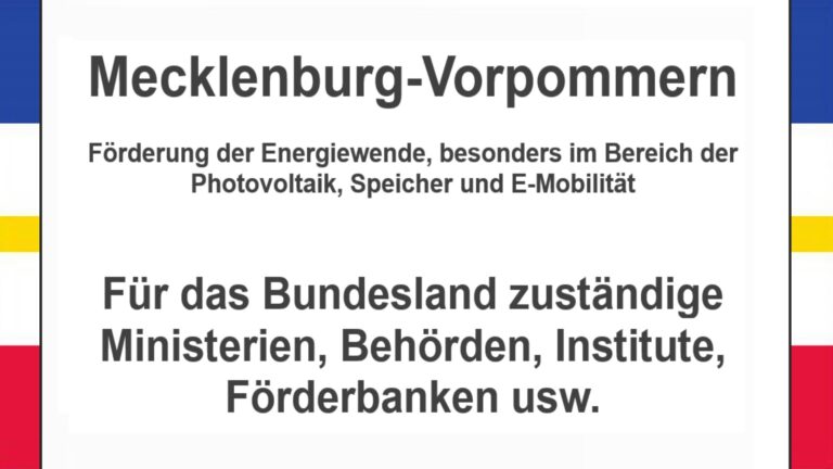 Text auf einem Bild: Mecklenburg-Vorpommern, Förderungen zur Energiewende, besonders für Photovoltaikanlagen, Speicher und E-Mobilität.