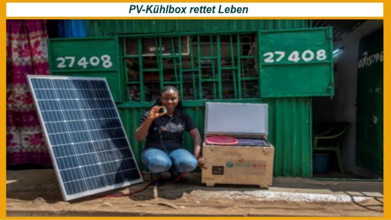 Norah Magero präsentiert ihre Solar-Kühlbox VacciBox mit PV-Panel in Kenia.