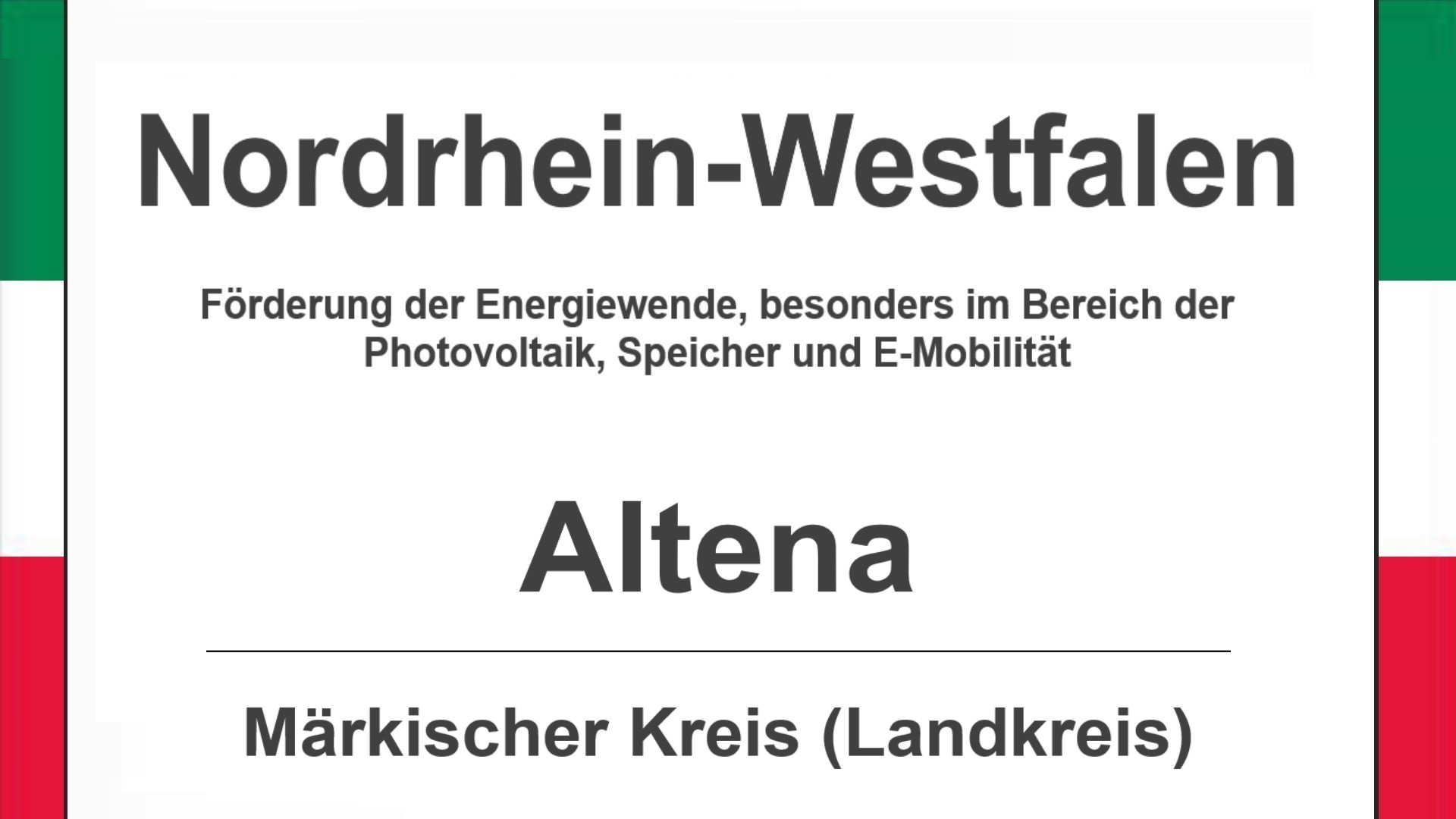 Text auf diesem Bild: Gemeinde Altena im Märkischen Kreis, Nordrhein-Westfalen, Förderungen zur Energiewende, besonders für Photovoltaikanlagen, Speicher und E-Mobilität.