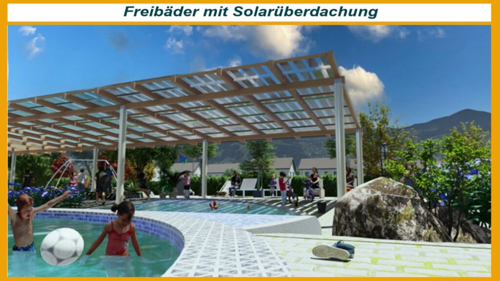 Foto von solaren Überdachungen in Freibädern, die Schatten spenden und Sonnenstrom erzeugen.