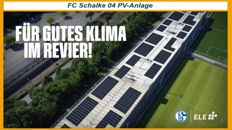Luftaufnahme des FC Schalke 04 Vereinsgeländes mit geplanter Photovoltaikanlage auf dem Parkhausdach.