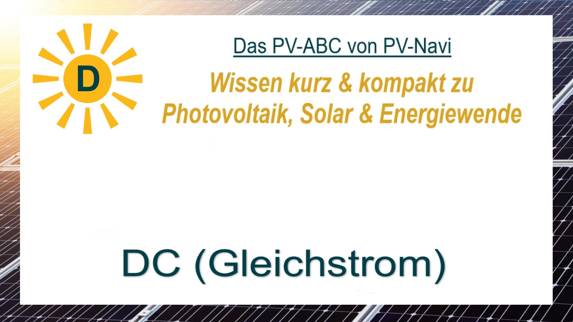 Das Bild zeigt den Begriff „DC (Gleichstrom)“ als Titelbild im Photovoltaik-Kontext.