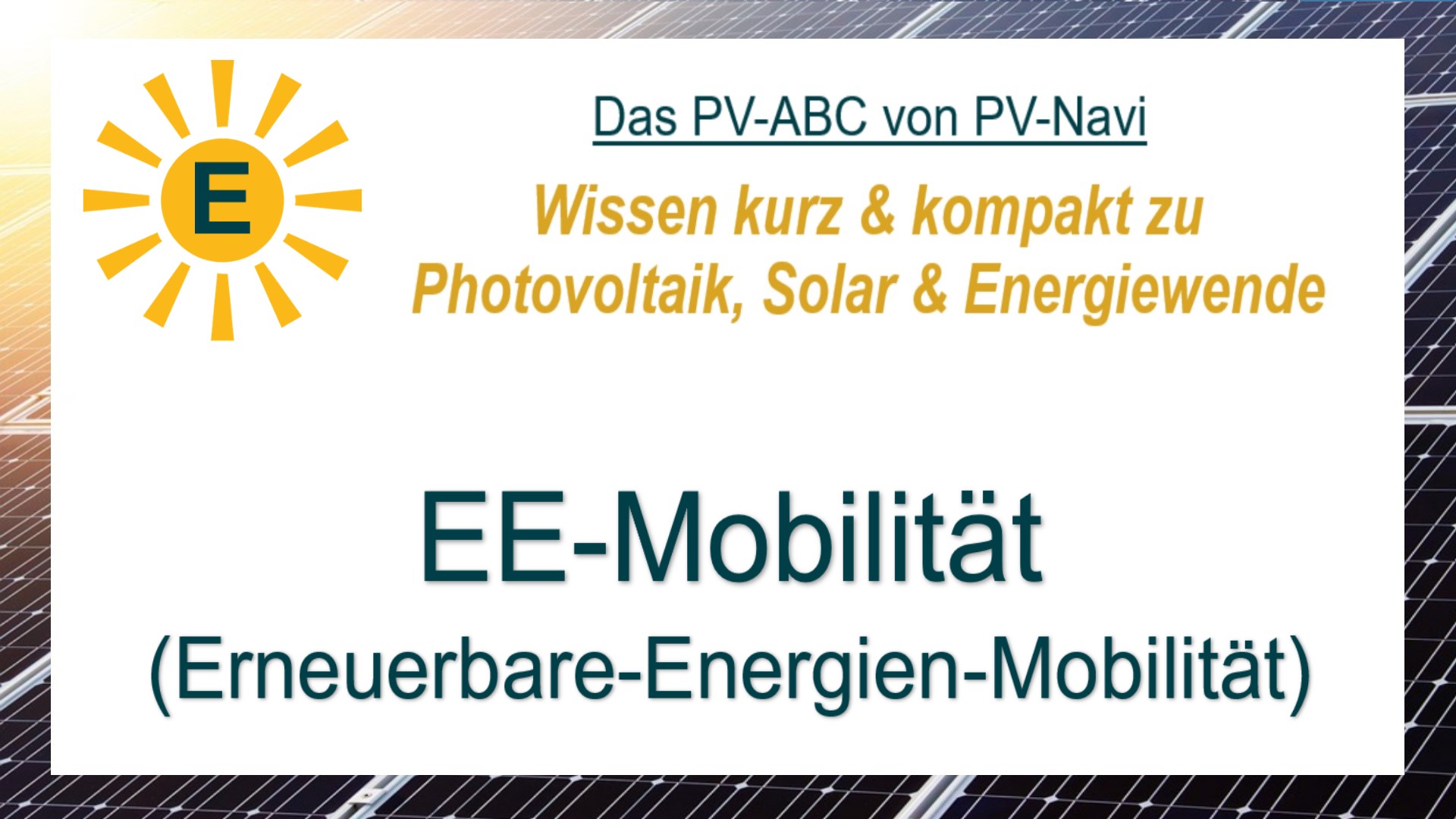 Bild mit dem Begriff „EE-Mobilität (Erneuerbare-Energien-Mobilität)“, das auf den Einsatz erneuerbarer Energien für Verkehr hinweist. Es betont nachhaltige Fortbewegung mit Strom aus Sonne, Wind oder anderen erneuerbaren Quellen.