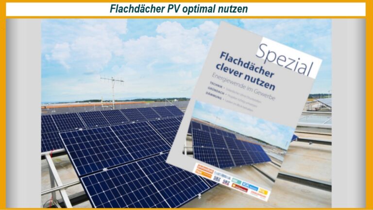 Broschüre über die Nutzung von Flachdächern für Photovoltaik vor einem Solardach.