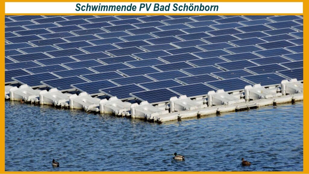 Foto der ersten schwimmenden Photovoltaik-Anlage in der Gemeinde Bad Schönborn, Landkreis Karlsruhe.