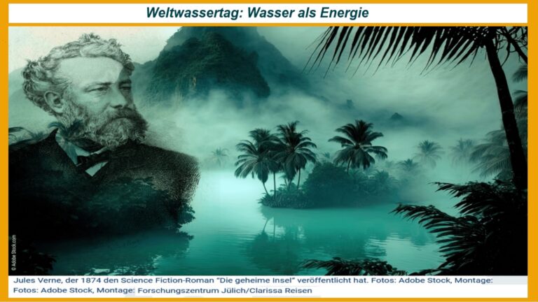 Gemälde von Jules Verne vor Wasserlandschaft, symbolisiert die Zukunft des Wasserstoffs.