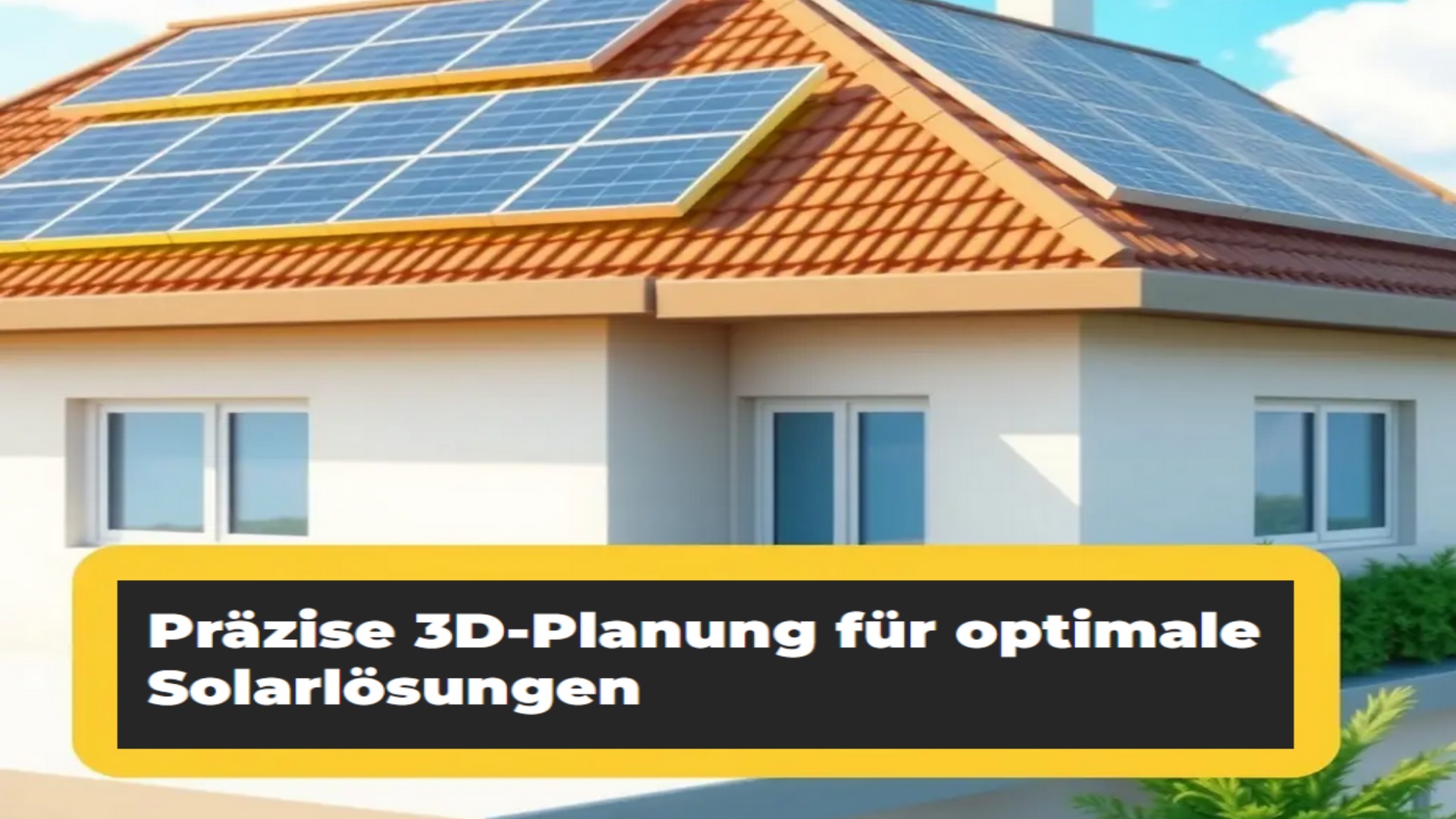 Die Darstellung zeigt ein Solardach mit dem Schriftzug „Präzise 3D-Planung für optimale Solarlösungen“ von órange for energy. Diese innovative Planungstechnologie unterstützt die effiziente Integration von Photovoltaiksystemen und Energiespeichern in die Energiewende.