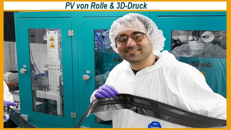 Forscher in Schutzkleidung untersuchen Solarfolien und 3D-gedruckte Solarzellen im Labor.