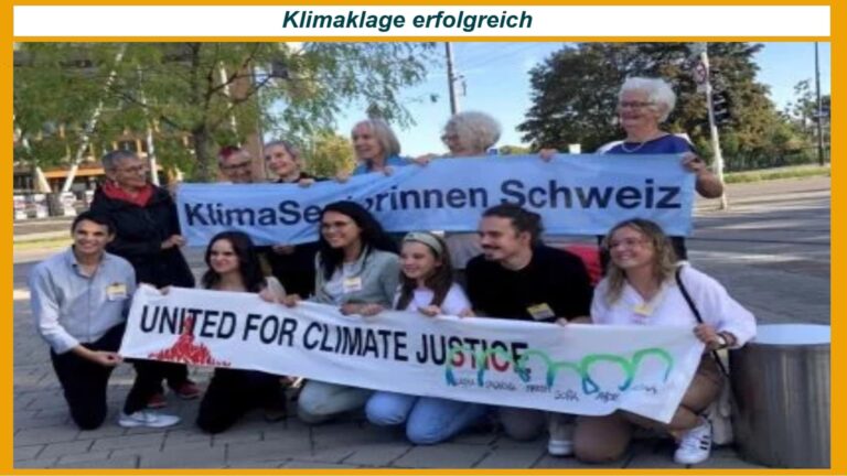 Klägerinnen mit Transparent vor dem Europäischen Gerichtshof für Menschenrechte, Siegerinnen der Klimaklage.