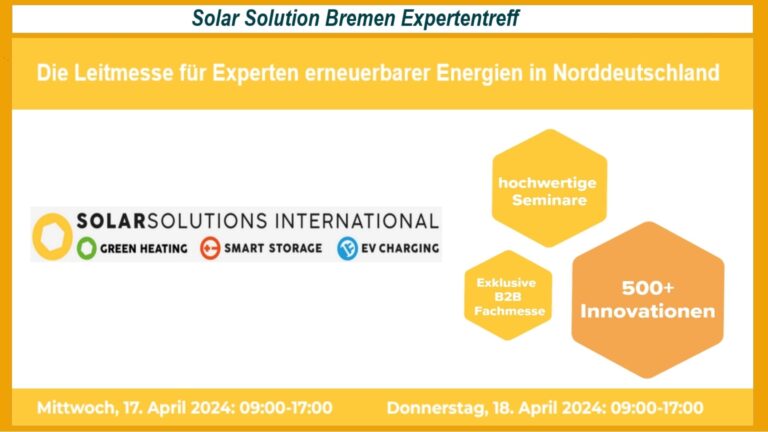 Plakat zur Solar Solutions Bremen Messe, wo Experten für erneuerbare Energien zusammenkommen.