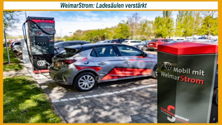 Auto lädt an einer neuen Schnellladesäule der Stadtwerke Weimar am Hermann-Brill-Platz, unterstützt die Energiewende.