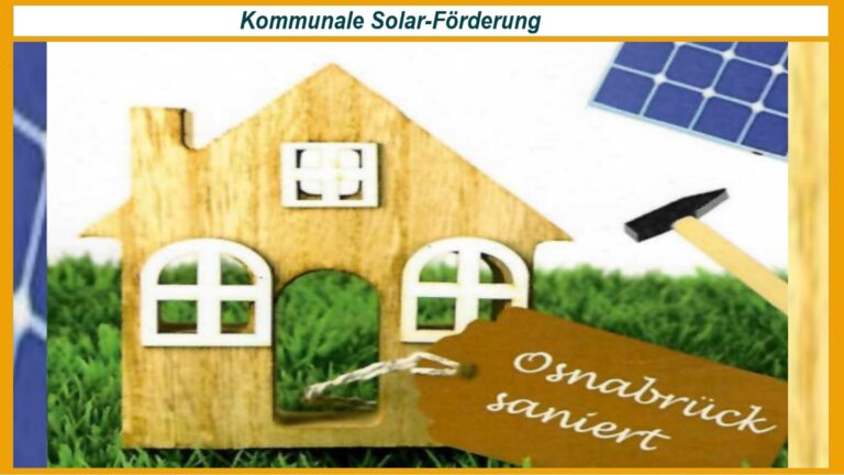 Plakat über das Förderprogramm „Osnabrück saniert“ zur Reduktion von CO₂-Emissionen durch Dämmung und Photovoltaik.