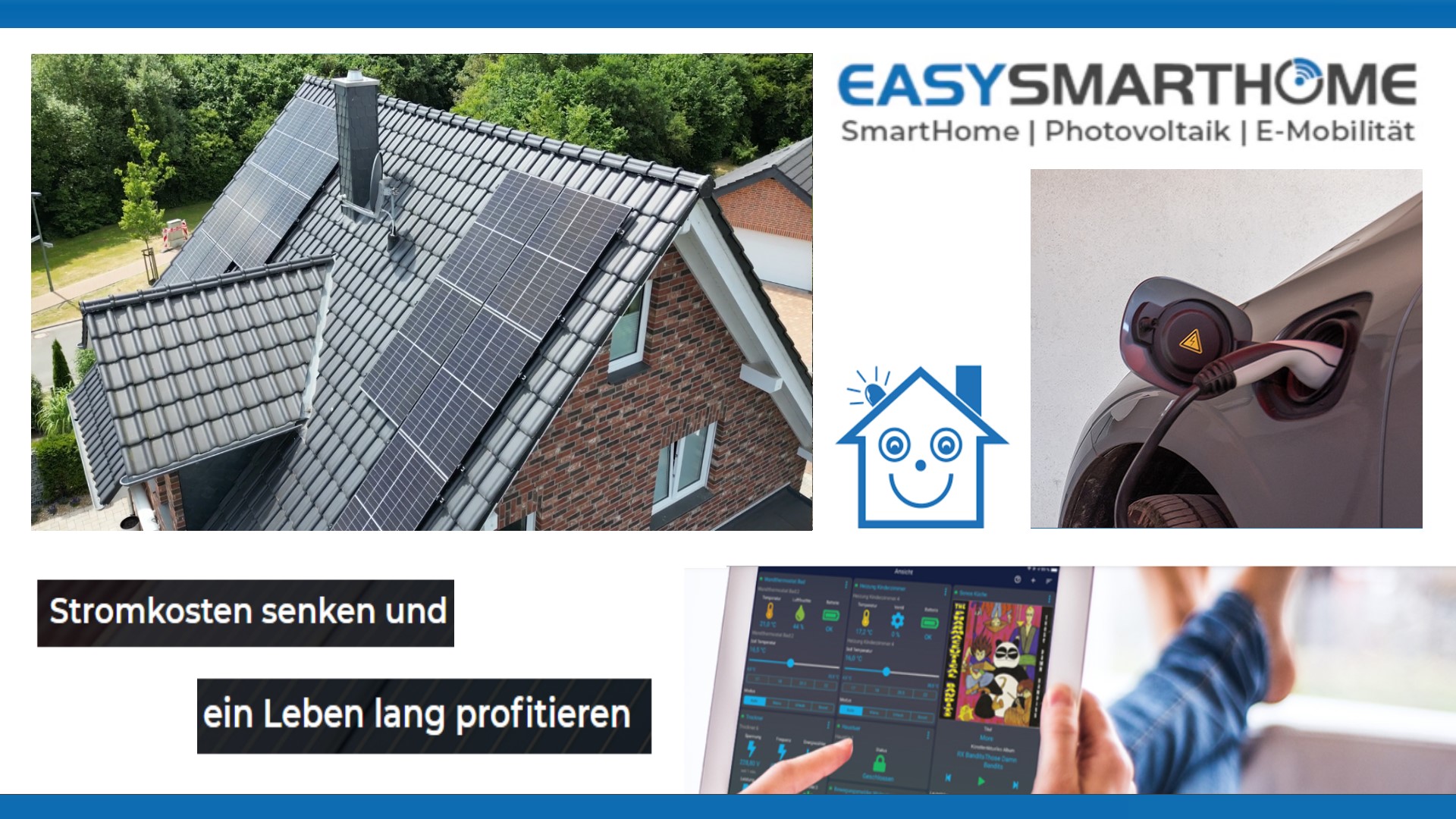 Installation von Photovoltaikanlage auf dem Dach, Elektroauto-Ladestation und Smart-Home-Steuerung.