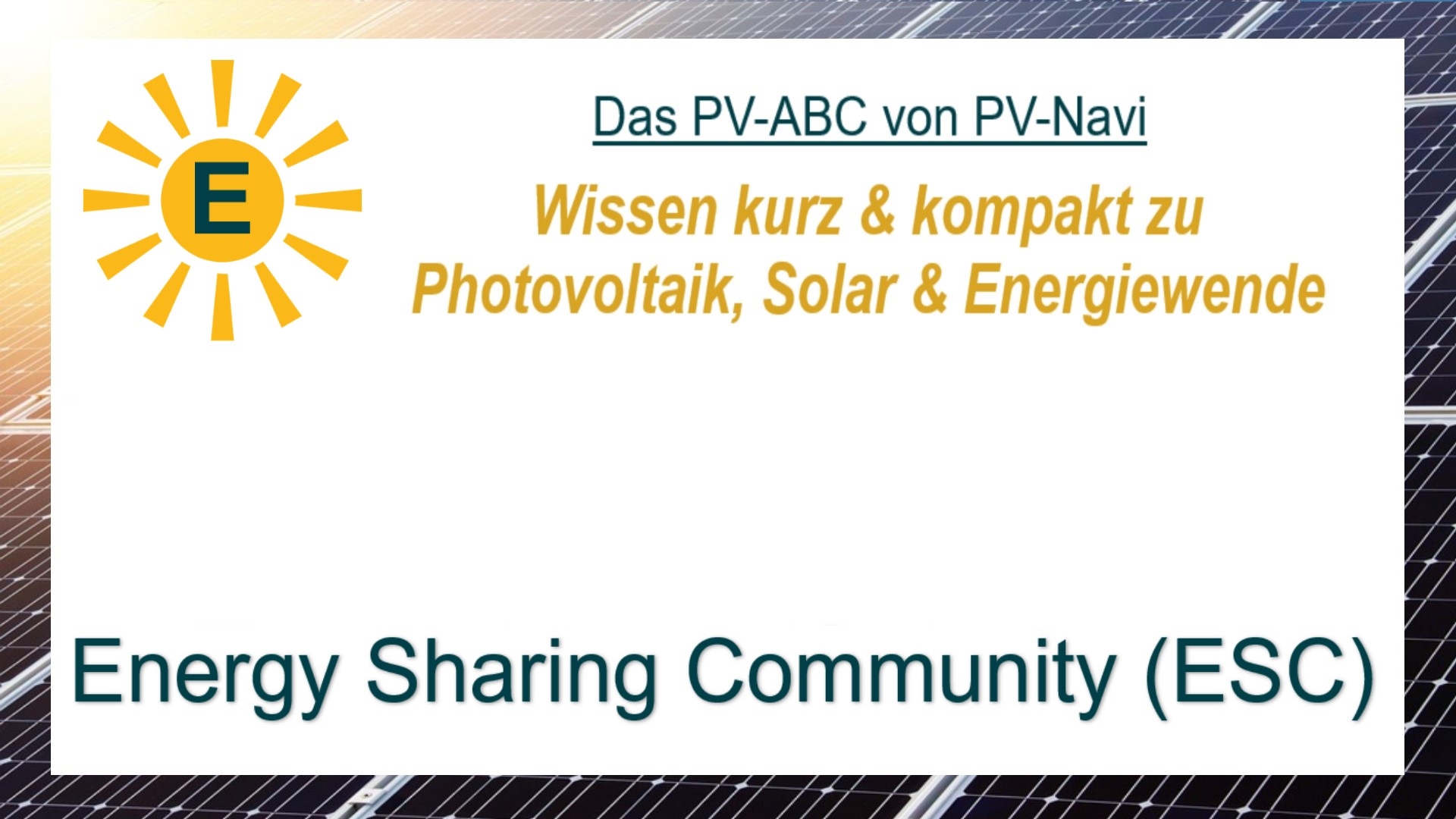 Bild mit dem Begriff „Energy Sharing Community (ESC)“, das Gemeinschaften beschreibt, die Strom teilen. Mitglieder erzeugen Energie, meist mit PV, und nutzen oder tauschen sie gemeinsam.