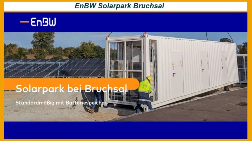 Blick auf den Batteriespeicher des EnBW Solarparks in Bruchsal, der Ökostrom speichert.