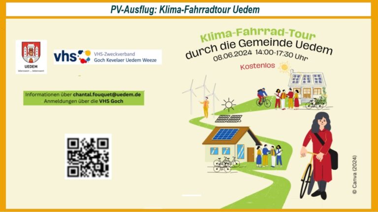 Plakat zur Klima-Fahrrad-Tour durch Uedem, das nachhaltige Ansätze wie Photovoltaik zeigt.