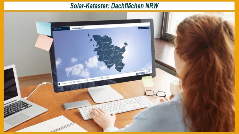 Solarkataster Schleswig-Holstein: Überprüfung geeigneter Dachflächen für Photovoltaikanlagen auf dem PC.