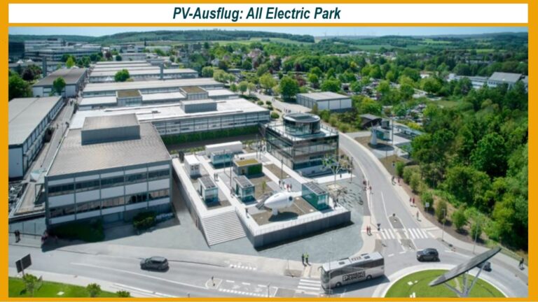 Luftbild des All Electric Society Parks mit Solarmodulen und regenerativer Energieversorgung.