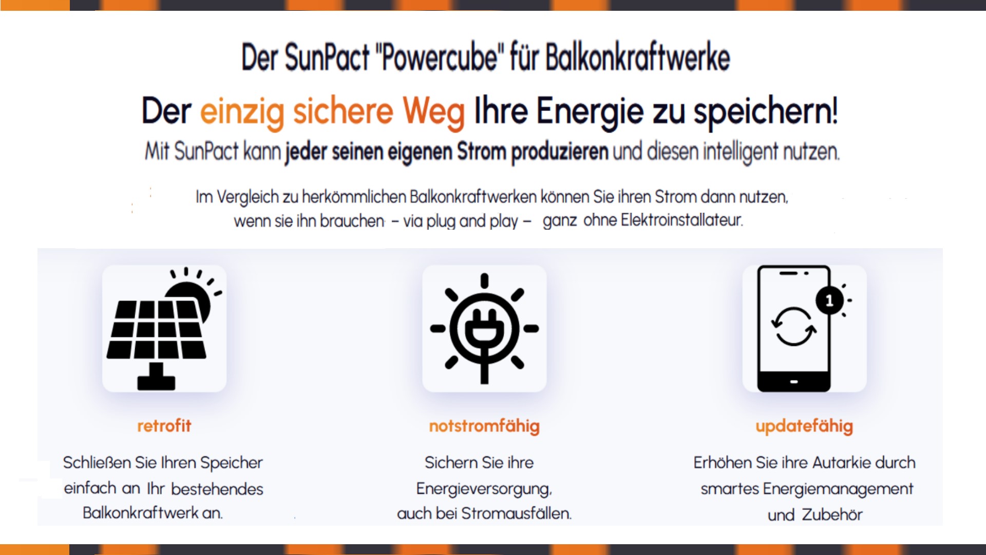 Vorteile der Sunpact Energiespeicher: Retrofit, Notstromfähigkeit und Updatefähigkeit.