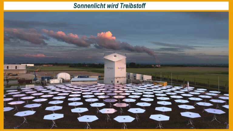 Solarbetriebener Solarturm und Spiegelfeld zur Herstellung von synthetischen Kraftstoffen.
