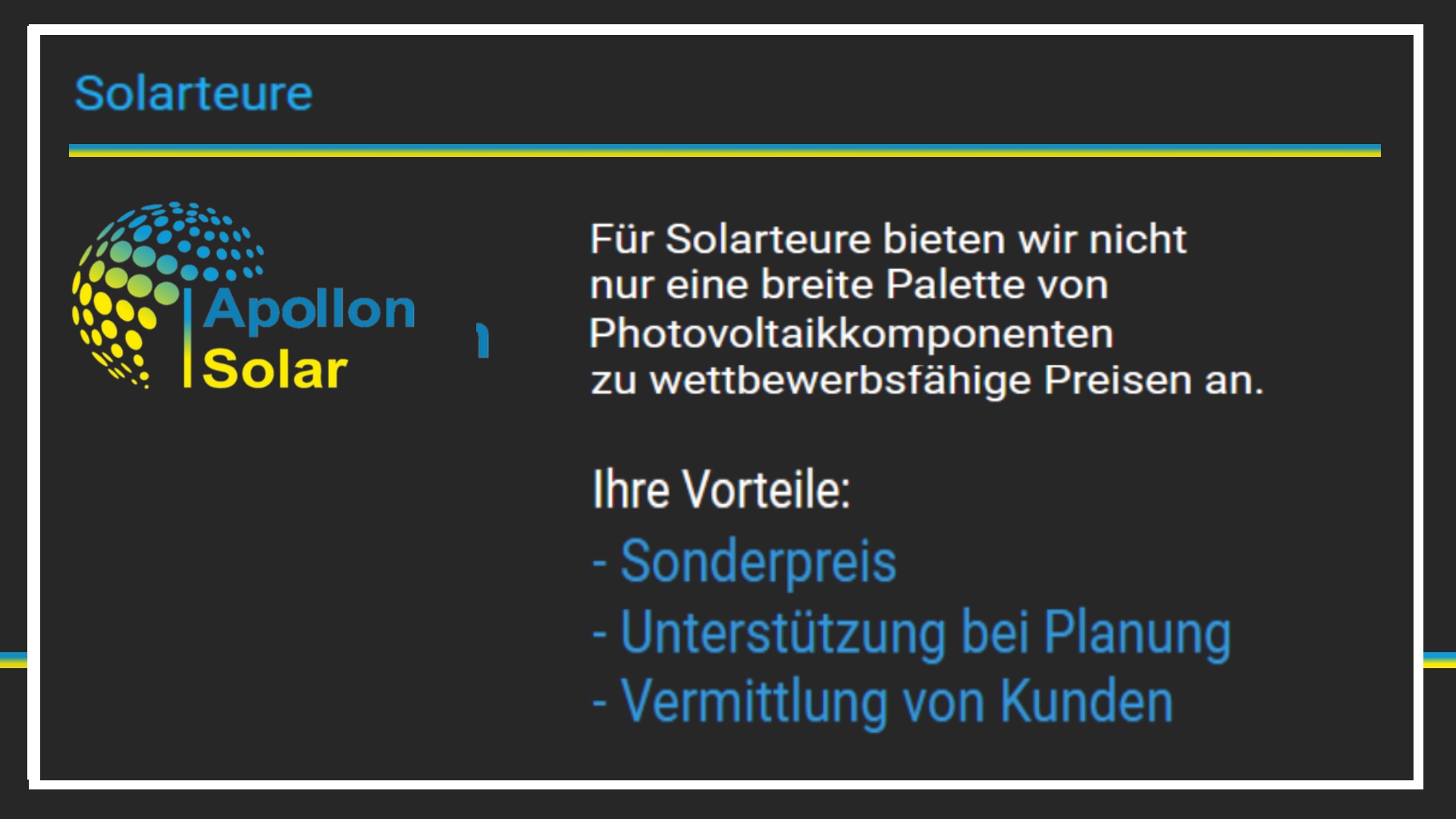 Apollon Solar GmbH – Aufzählung wichtiger Firmenhighlights und Erfolge im Bereich Photovoltaik und Energiespeicher.