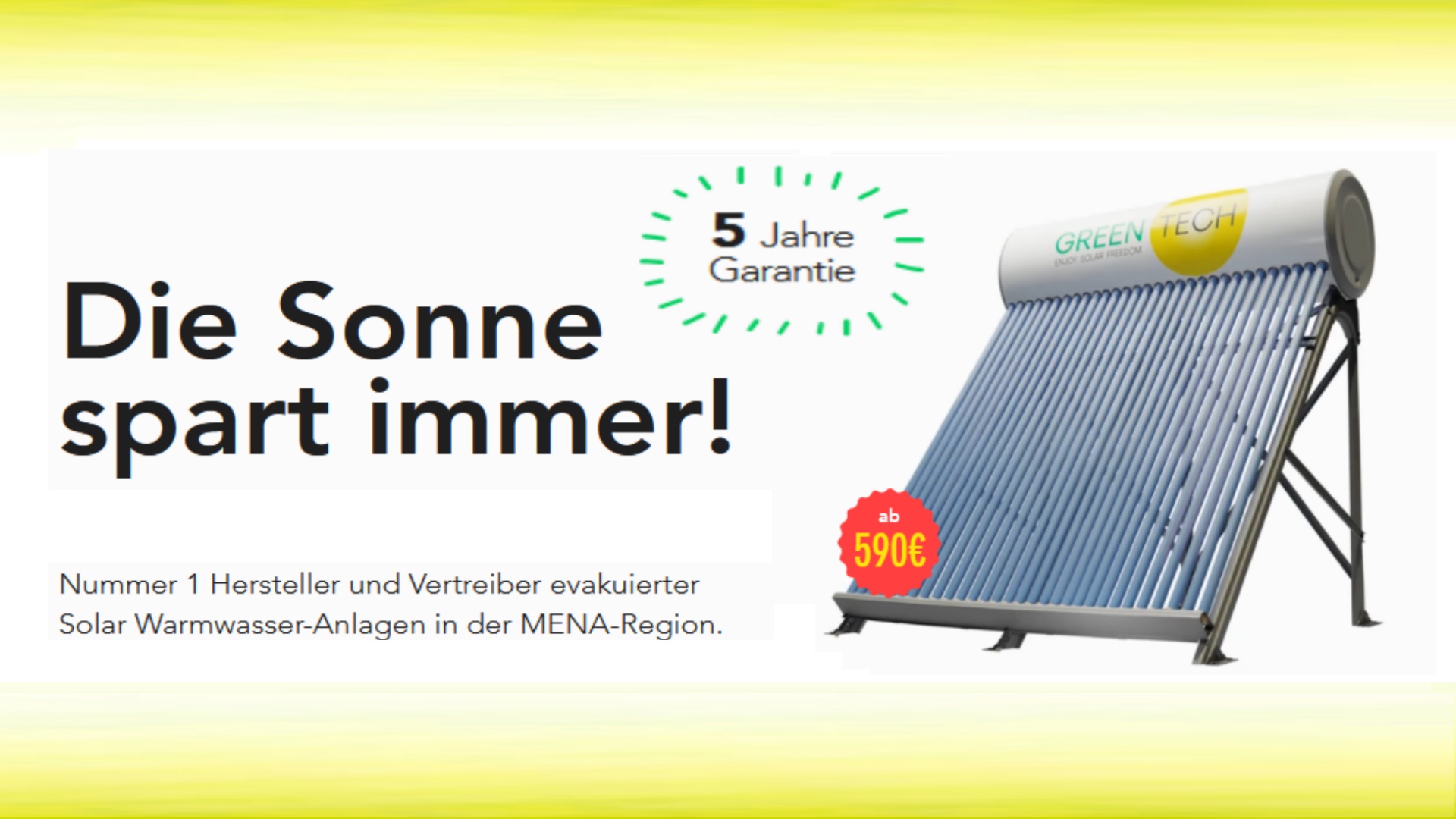 Produktbild von GreenTechSolar mit dem Slogan "Die Sonne spart immer".