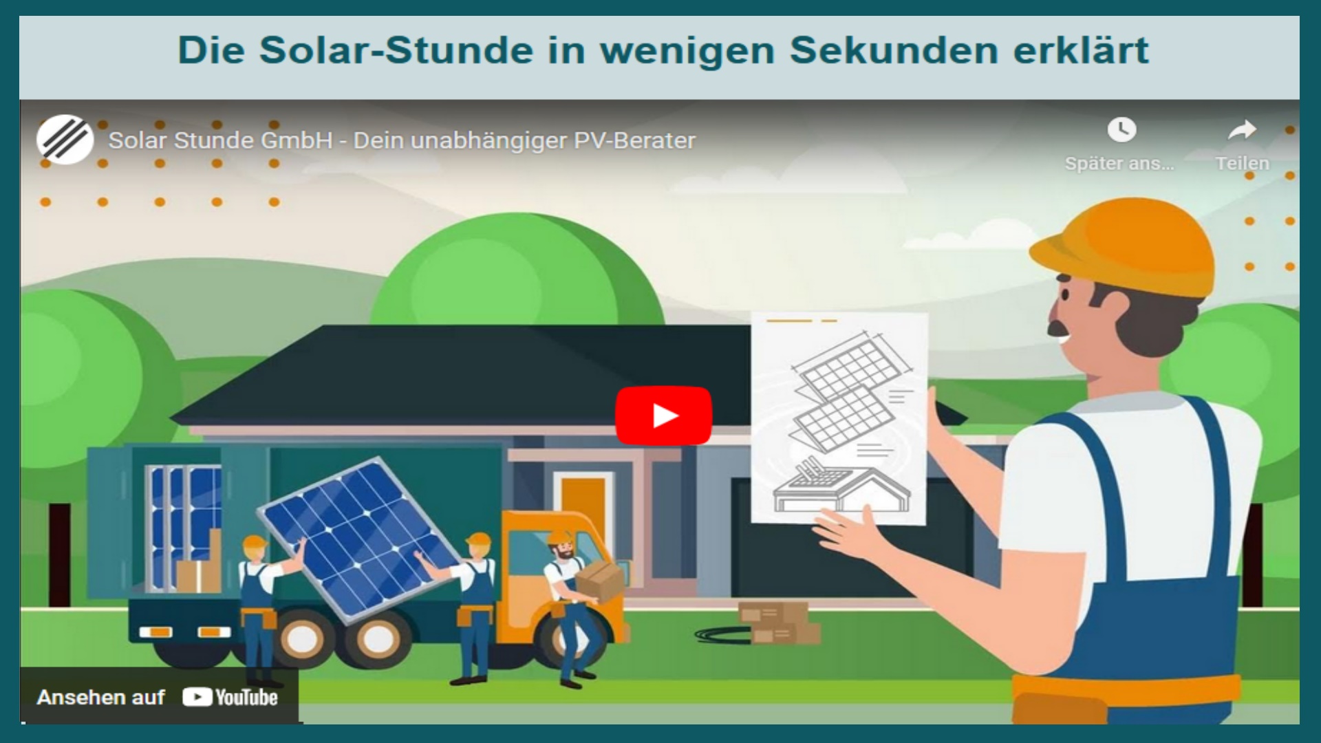 Solar␥Stunde GmbH – Gezeichneter Berater vor einem Gebäude, Startbild des Firmenfilms.