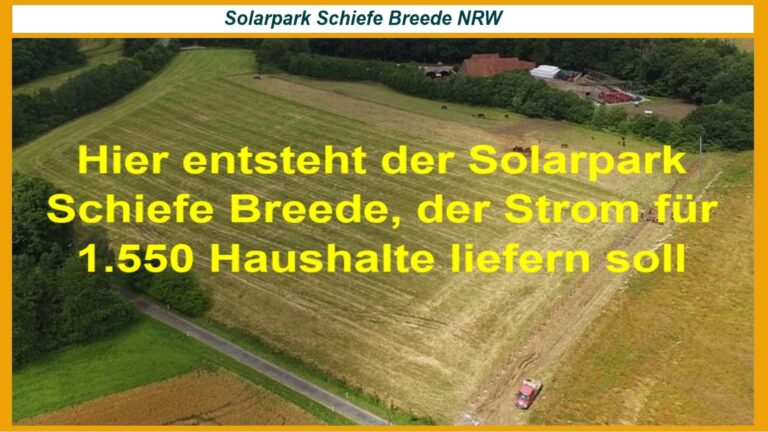 Luftaufnahme der Ackerflächen mit Text: "Hier entsteht der Solarpark Schiefe Breede, der Strom für 1.550 Haushalte liefern soll.