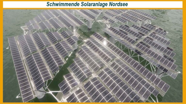 Eine schwimmende Solaranlage mit mehreren Plattformen in der Nordsee, unterstützt von RWE und SolarDuck, zur Erprobung von Offshore-Solarsystemen.