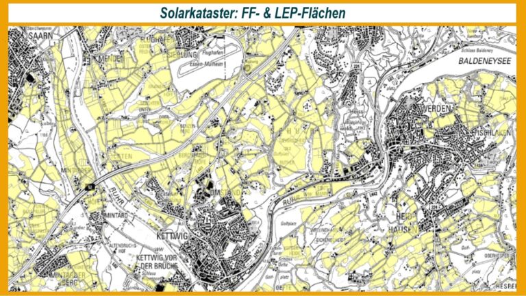Katasterkarte von Essen in Nordrhein-Westfalen mit markierten Suchflächen für Freiflächen-Photovoltaikanlagen.