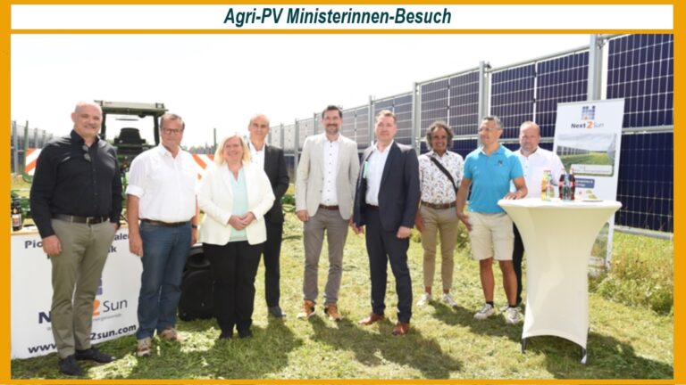 Petra Berg, Umweltministerin des Saarlandes, besucht den Next2Sun Agri-Solarpark in Merzig-Wellingen, um sich über innovative Energiespeicher und die Energiewende auszutauschen.