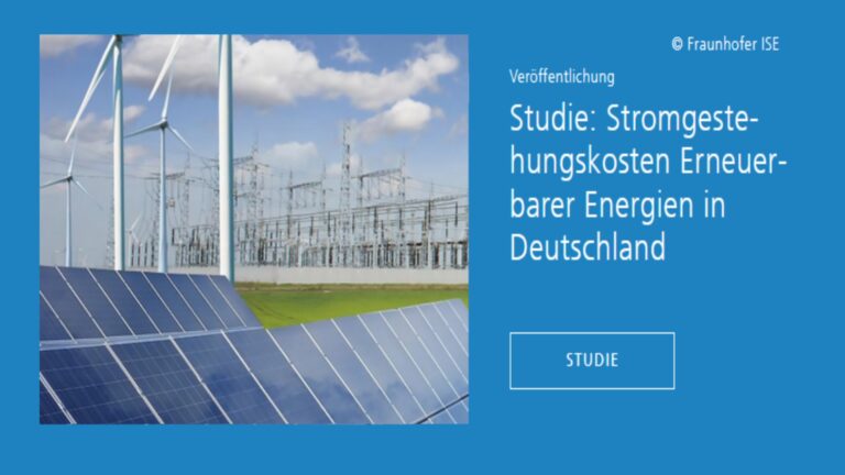 Titelbild der Studie des Fraunhofer ISE zu Stromerzeugungskosten, die Photovoltaik mit Batteriespeicher als günstiger als Kohle- und Gaskraftwerke darstellt.