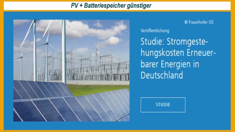 Titelbild der Studie des Fraunhofer ISE zu Stromerzeugungskosten, die Photovoltaik mit Batteriespeicher als günstiger als Kohle- und Gaskraftwerke darstellt.