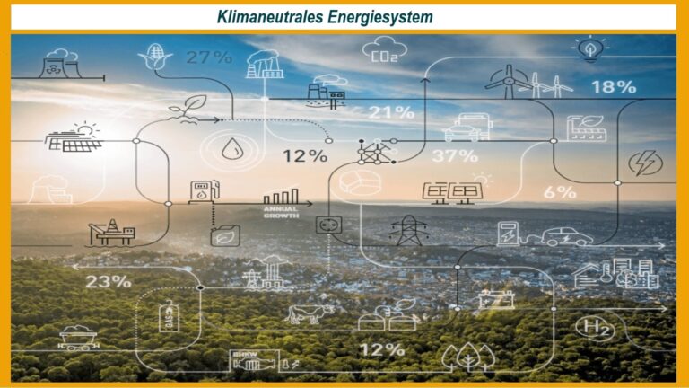 Grafik zeigt eine Landschaft mit Energieelementen und Prozentzahlen zur Studie über ein klimaneutrales Energiesystem.