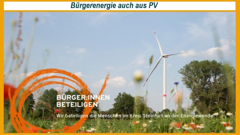 Symbolbild einer Windkraftanlage mit Schriftzug zur Bürgerbeteiligung, symbolisiert Engagement in der Energiewende.