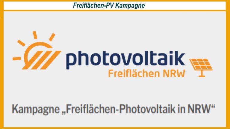 Grafik mit dem Titel "Kampagne Freiflächen-Photovoltaik in NRW" zur Unterstützung des Photovoltaik-Ausbaus in Nordrhein-Westfalen durch Informationsveranstaltungen und Seminare.