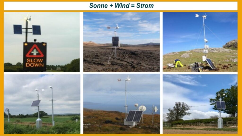 Die Abbildung zeigt verschiedene Fotos von Ökosäulen, die Photovoltaik und Windkraft zur nachhaltigen Stromerzeugung nutzen.