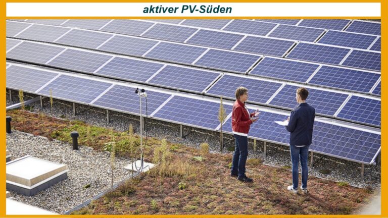 Zwei Männer stehen vor einem Solarpark und besprechen die Rolle von Bürgerenergiegenossenschaften bei der Energiewende im Süden Deutschlands.