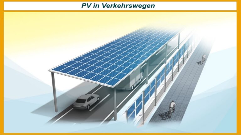Zeichnung zeigt eine Straße mit Photovoltaik-Überdachung und PV-modulen an Lärmschutzwänden, Beispiel für RIPV.