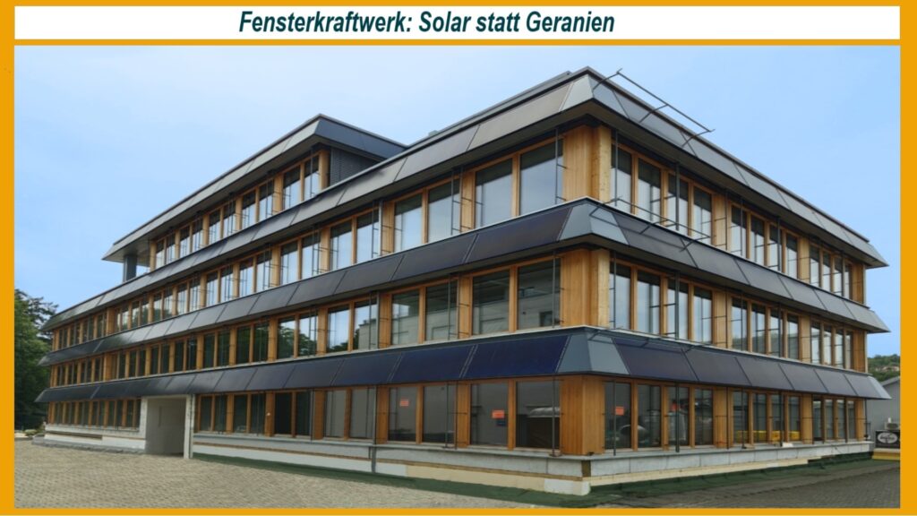 Ein modernes Bürogebäude mit an der Fassade installierten SOLINK-PVT-Kollektoren zur nachhaltigen Energiegewinnung. Die Solarmodule tragen zur Energiewende und zum Energiespeicher des Gebäudes bei.