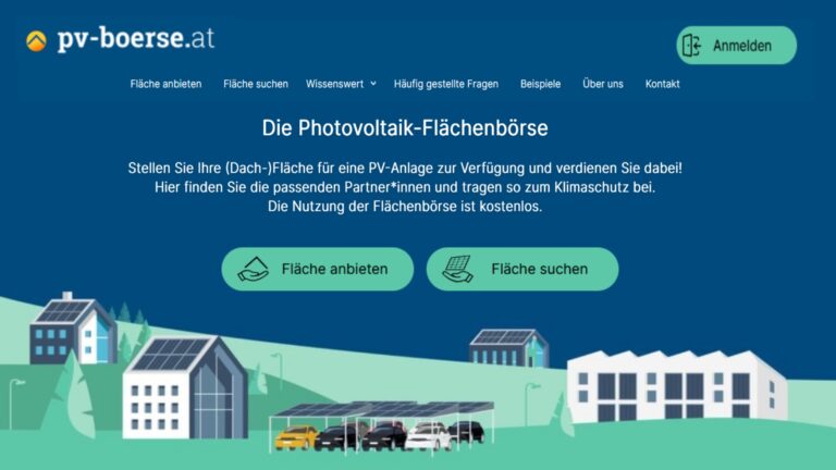 Blilck auf die Startseite der Neuen Photovoltaik-Flächenbörse Österreich