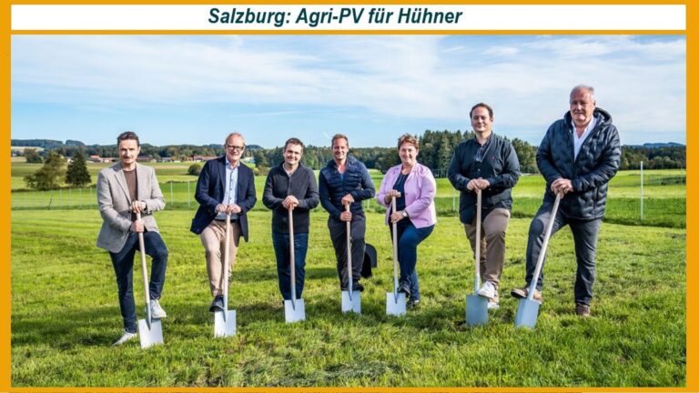 Spatenstich für die größte Agri-PV-Anlage Salzburgs für 7.000 Freilauf-Hühner, auf landwirtschaftlicher Fläche für Solarstromproduktion.