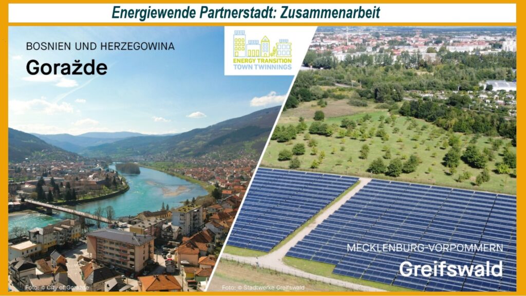 Stadtansichten von Goražde und Greifswald, die Zusammenarbeit europäischer Kommunen im Energiewende-Projekt veranschaulichen.
