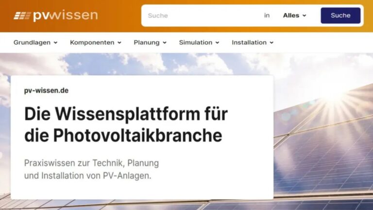 Erste Seite der Online-Plattform pv-wissen.de mit Fachinhalten zur Installation von Photovoltaikanlagen.